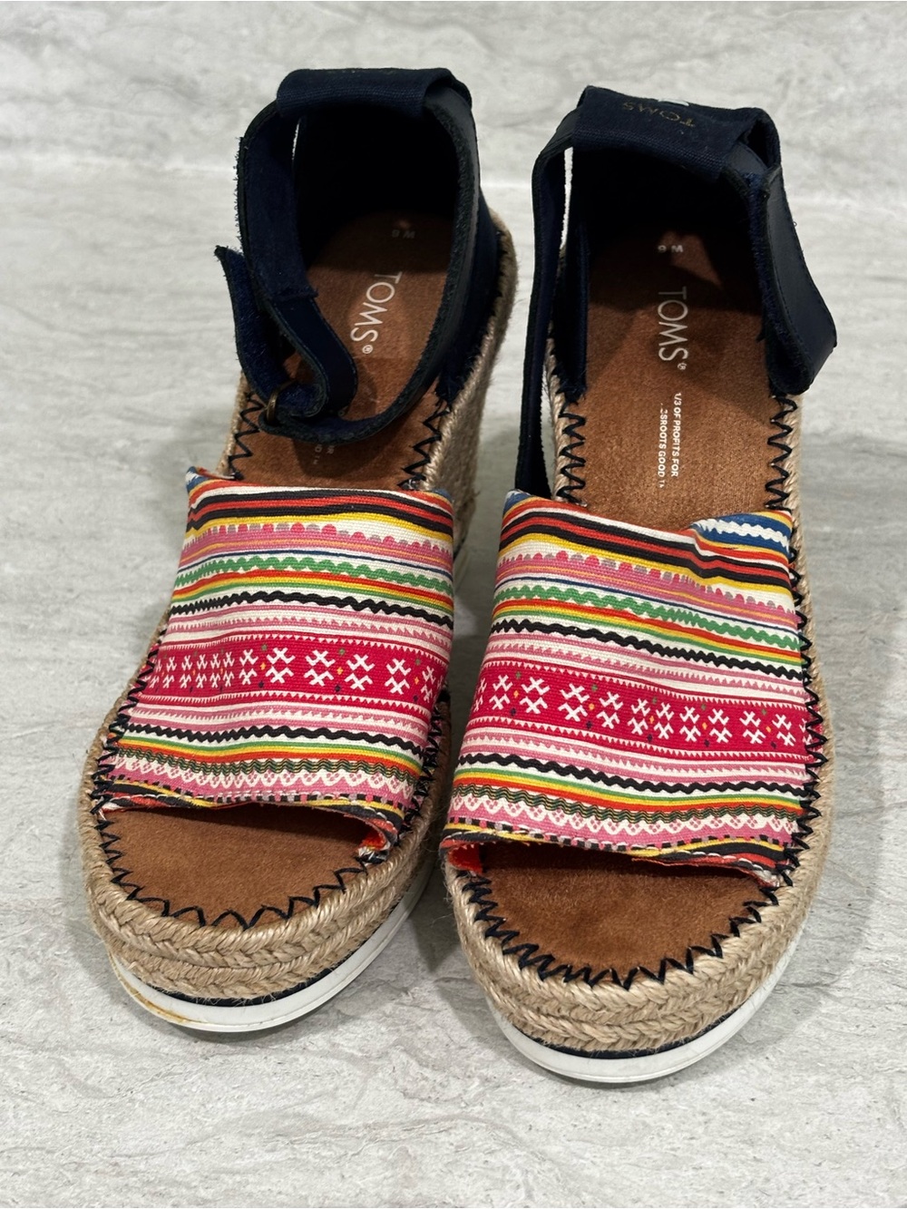 TOMS Multicolor Striped Espadrille Sandals with Navy Ankle Strap